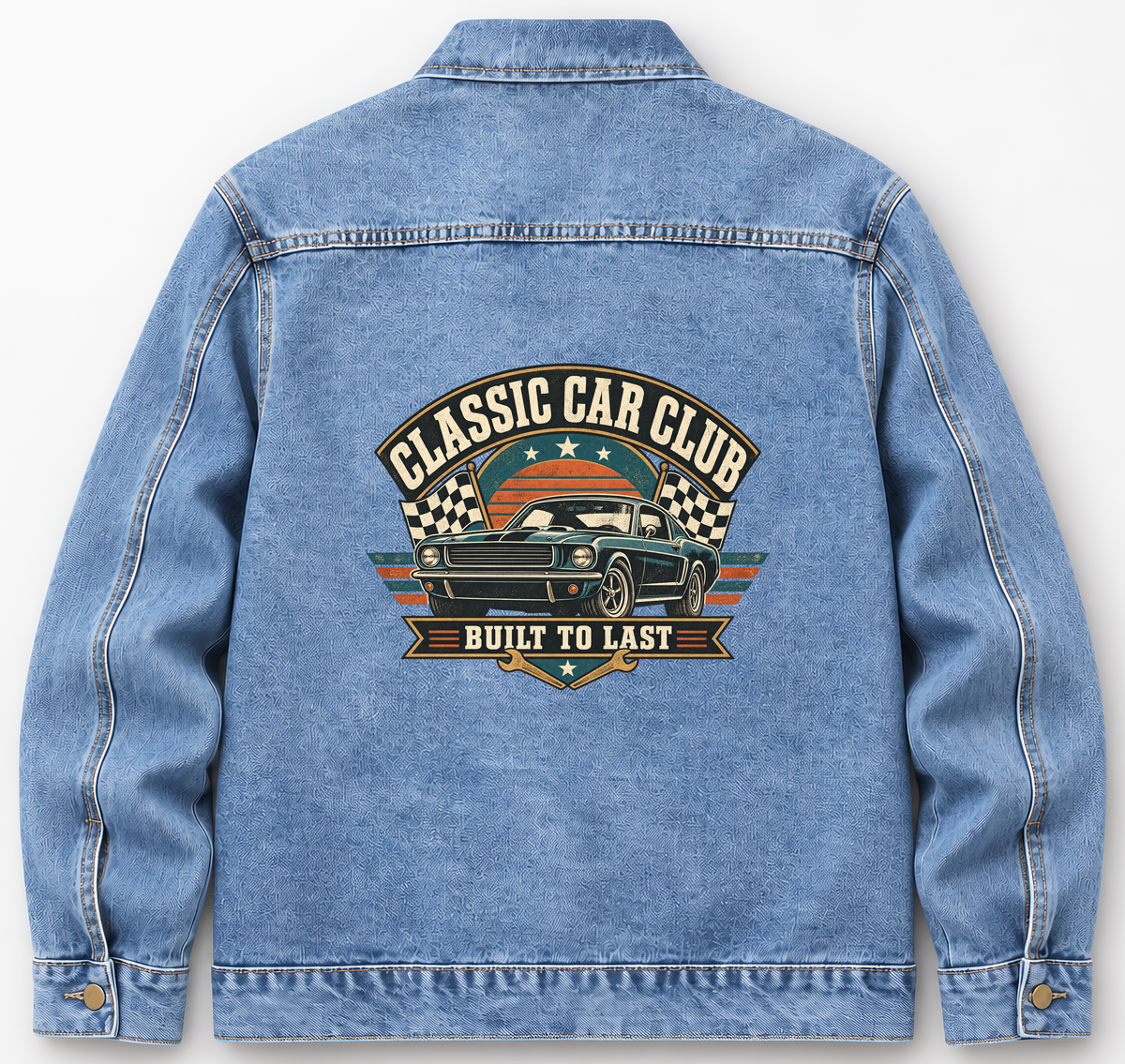 Back of Medium Denim Wash vintage denim jacket with Classic Car Club. Built To Last printed design