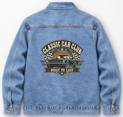 Back of Medium Denim Wash vintage denim jacket with Classic Car Club. Built To Last printed design