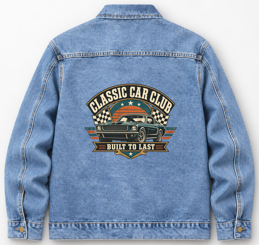 Back of Medium Denim Wash vintage denim jacket with Classic Car Club. Built To Last printed design