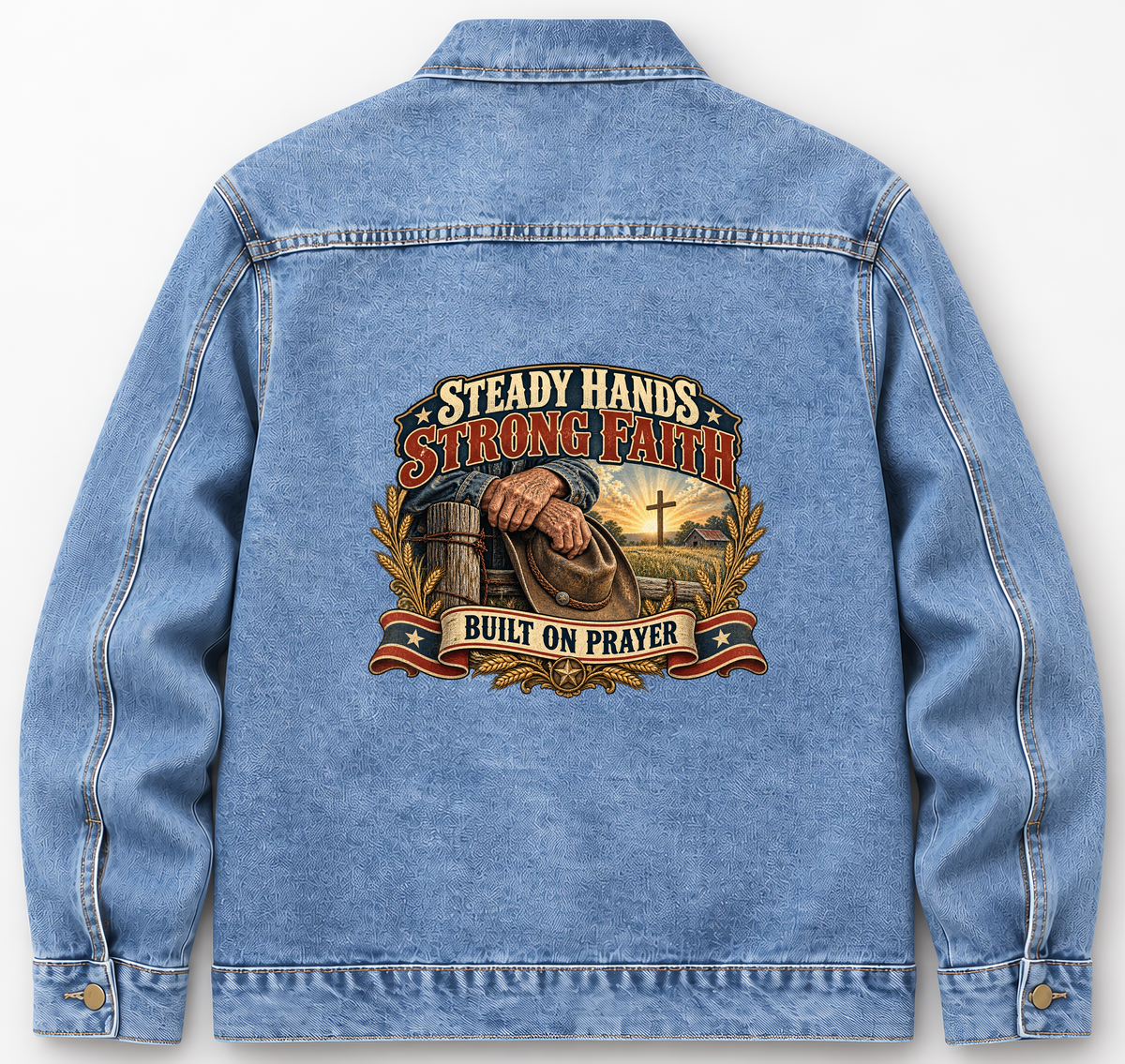 Back of Medium Denim Wash vintage denim jacket with Steady Hands. Strong Faith Built On Prayer printed design