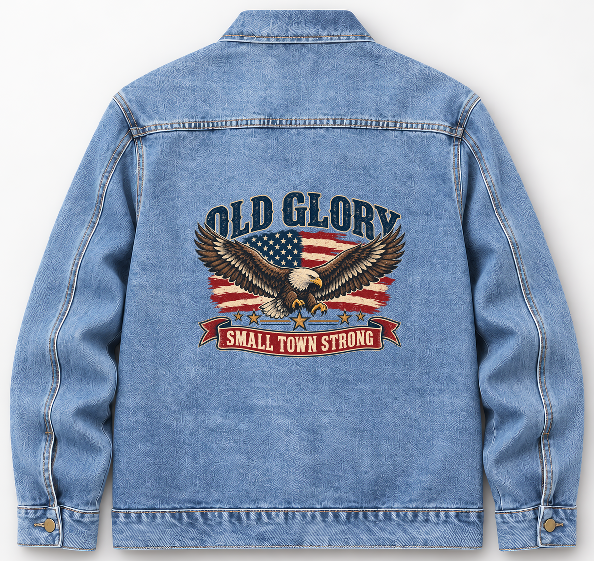 Back of Medium Denim Wash vintage denim jacket with Old Glory. Small Town Strong printed design