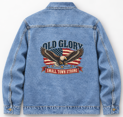 Back of Medium Denim Wash vintage denim jacket with Old Glory. Small Town Strong printed design