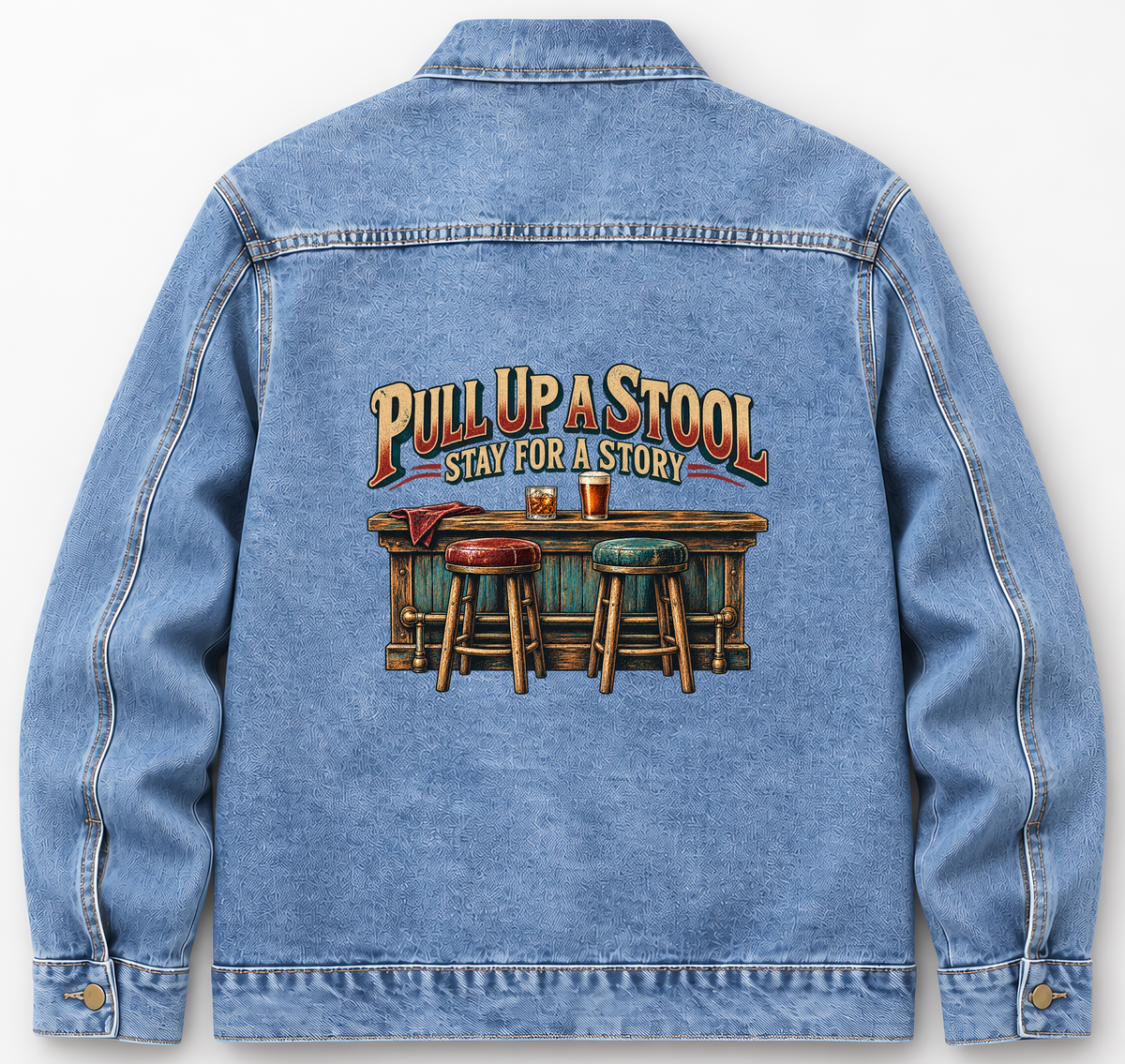 Back of Medium Denim Wash vintage denim jacket with Pull Up A Stool. Stay For A Story printed design