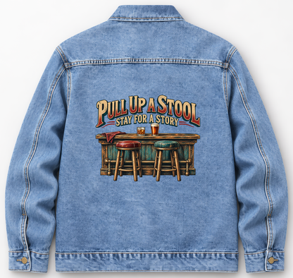 Back of Medium Denim Wash vintage denim jacket with Pull Up A Stool. Stay For A Story printed design