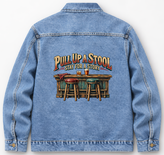 Back of Medium Denim Wash vintage denim jacket with Pull Up A Stool. Stay For A Story printed design
