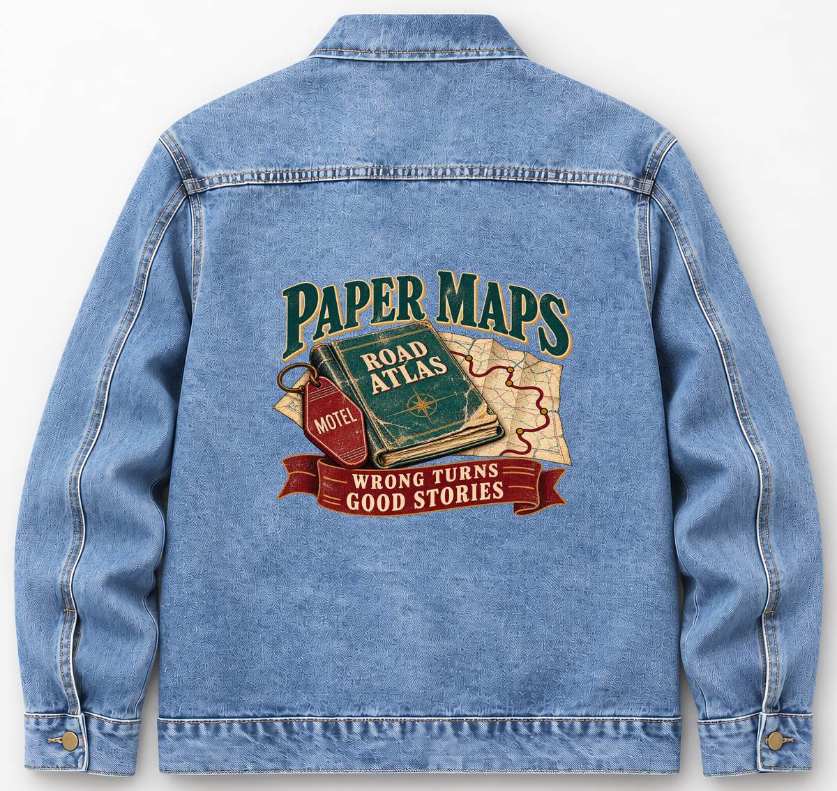 Back of Medium Denim Wash vintage denim jacket with Paper Maps. Wrong Turns. Good Stories printed design