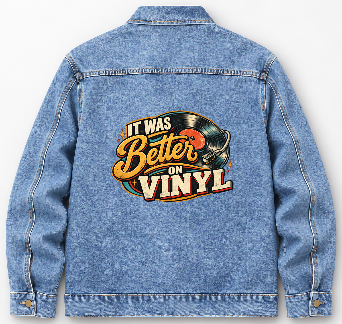 Back of Medium Denim Wash vintage denim jacket with It Was Better On Vinyl printed design