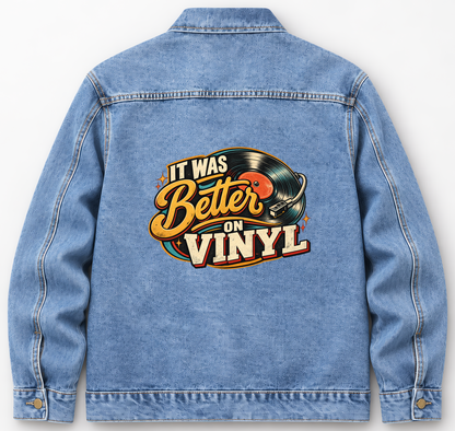Back of Medium Denim Wash vintage denim jacket with It Was Better On Vinyl printed design