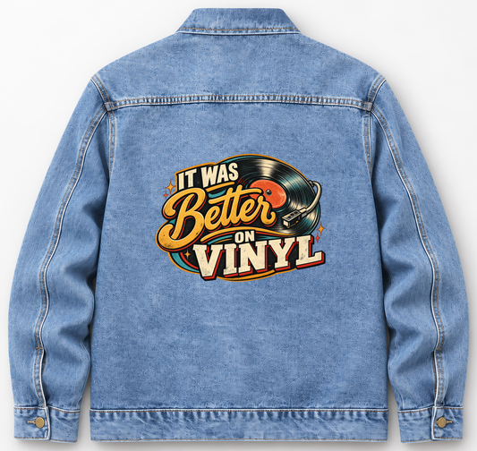 Back of Medium Denim Wash vintage denim jacket with It Was Better On Vinyl printed design