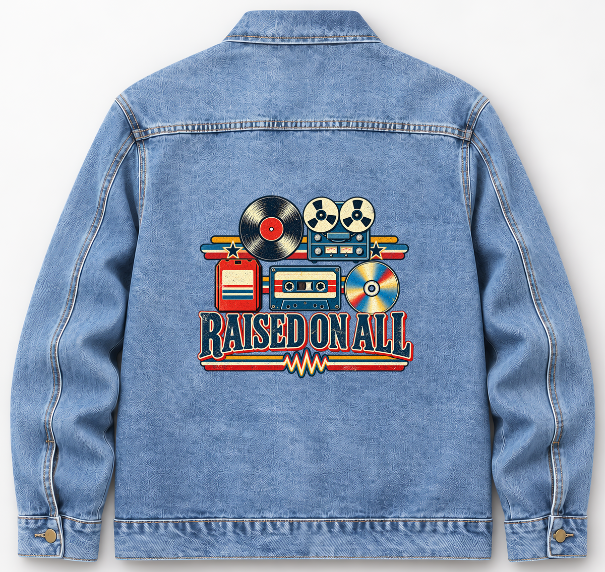 Back of Medium Denim Wash vintage denim jacket with Raised On All printed design