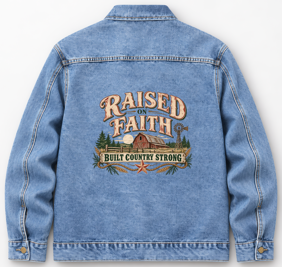 Back of Medium Denim Wash vintage denim jacket with Raised On Faith. Built Country Strong printed design