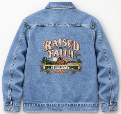 Back of Medium Denim Wash vintage denim jacket with Raised On Faith. Built Country Strong printed design