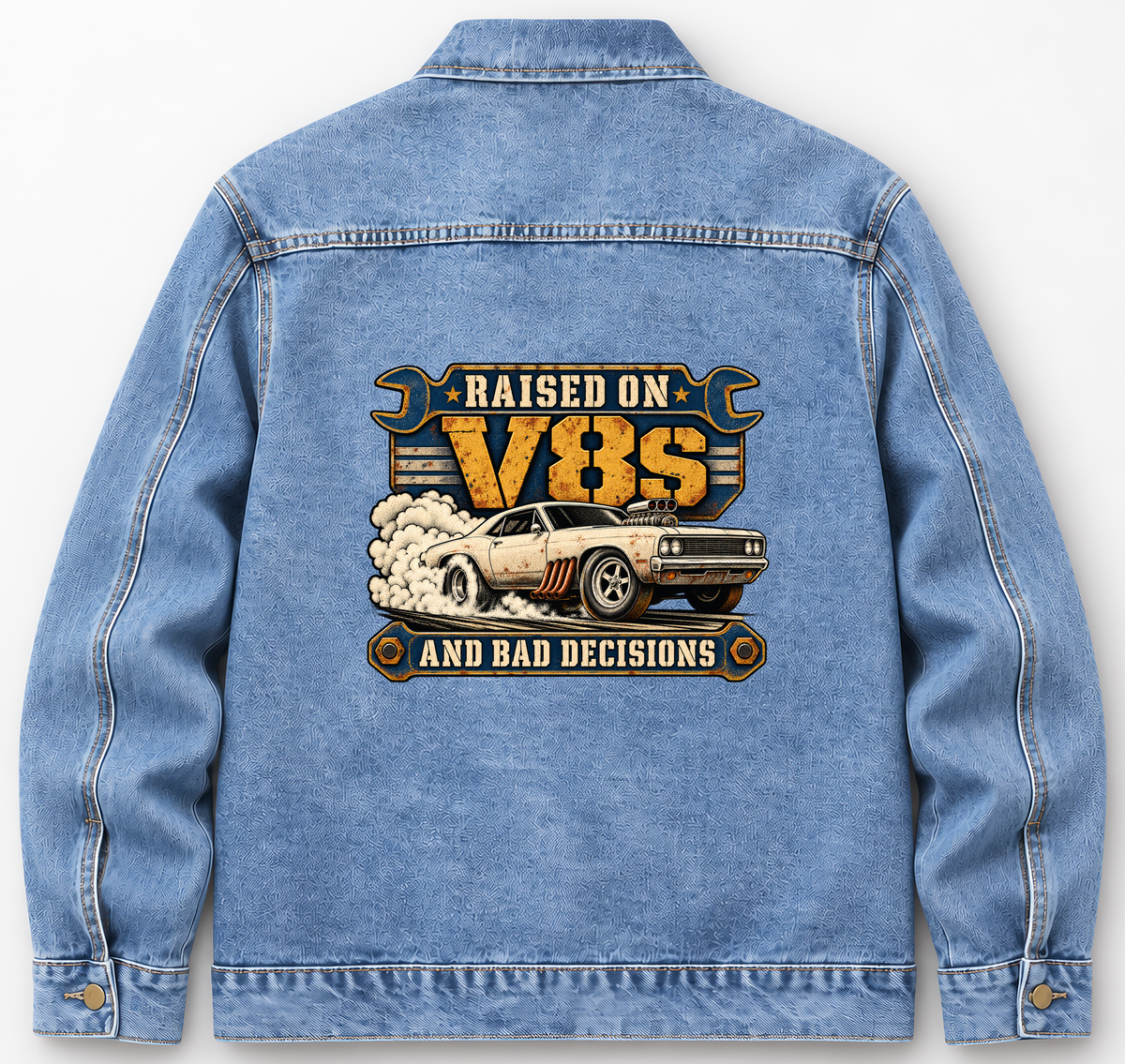Back of Medium Denim Wash vintage denim jacket with Raised On V8s And Bad Decisions printed design