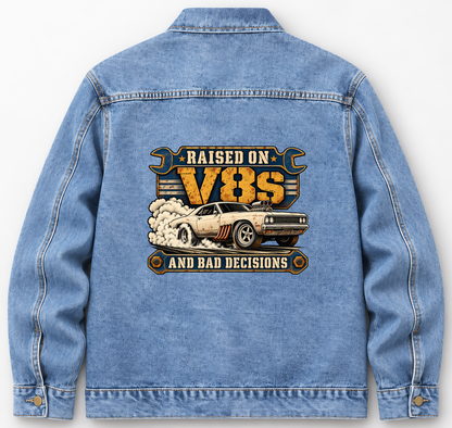 Back of Medium Denim Wash vintage denim jacket with Raised On V8s And Bad Decisions printed design