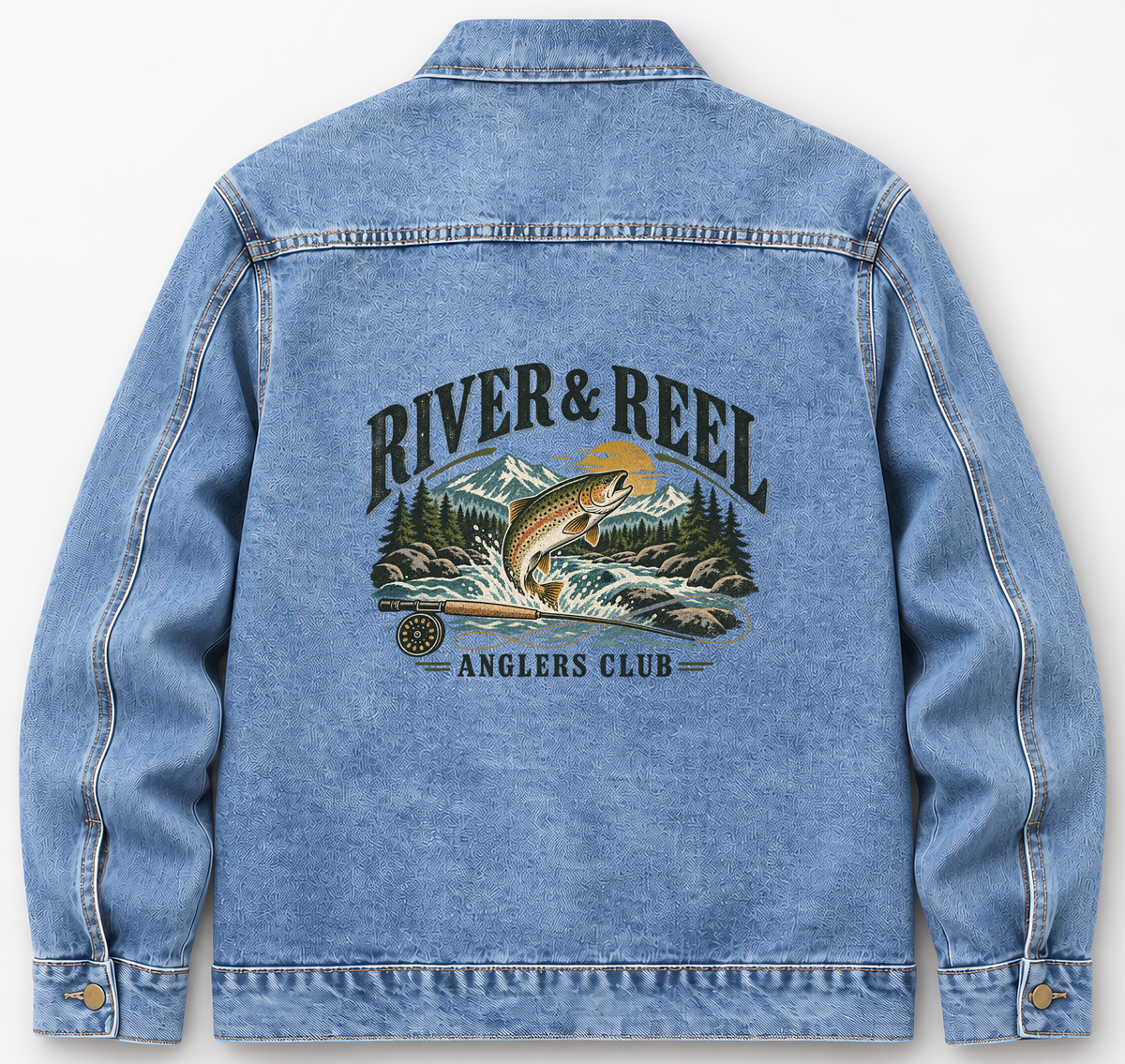 Back of Medium Denim Wash vintage denim jacket with River & Reel Anglers Club printed design