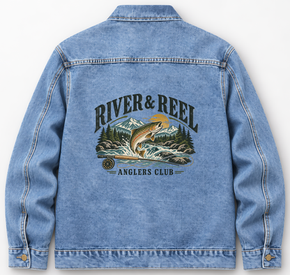 Back of Medium Denim Wash vintage denim jacket with River & Reel Anglers Club printed design