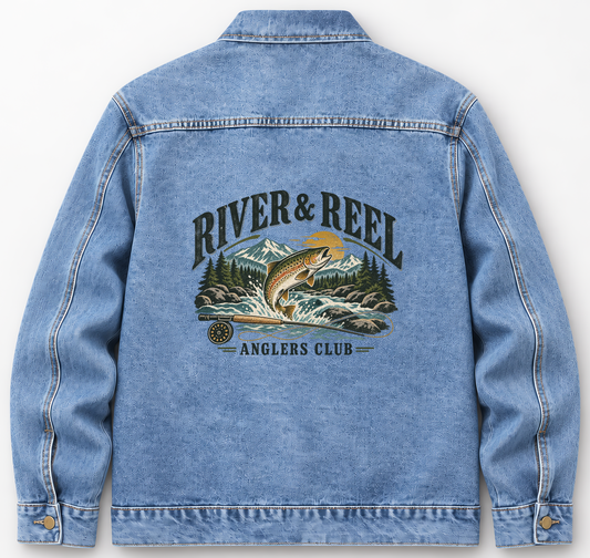 Back of Medium Denim Wash vintage denim jacket with River & Reel Anglers Club printed design