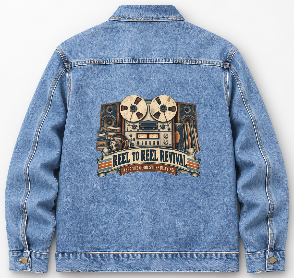Back of Medium Denim Wash vintage denim jacket with Reel To Reel Revival. Keep The Good Stuff Playing printed design