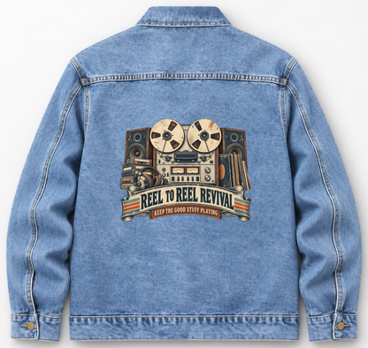 Back of Medium Denim Wash vintage denim jacket with Reel To Reel Revival. Keep The Good Stuff Playing printed design