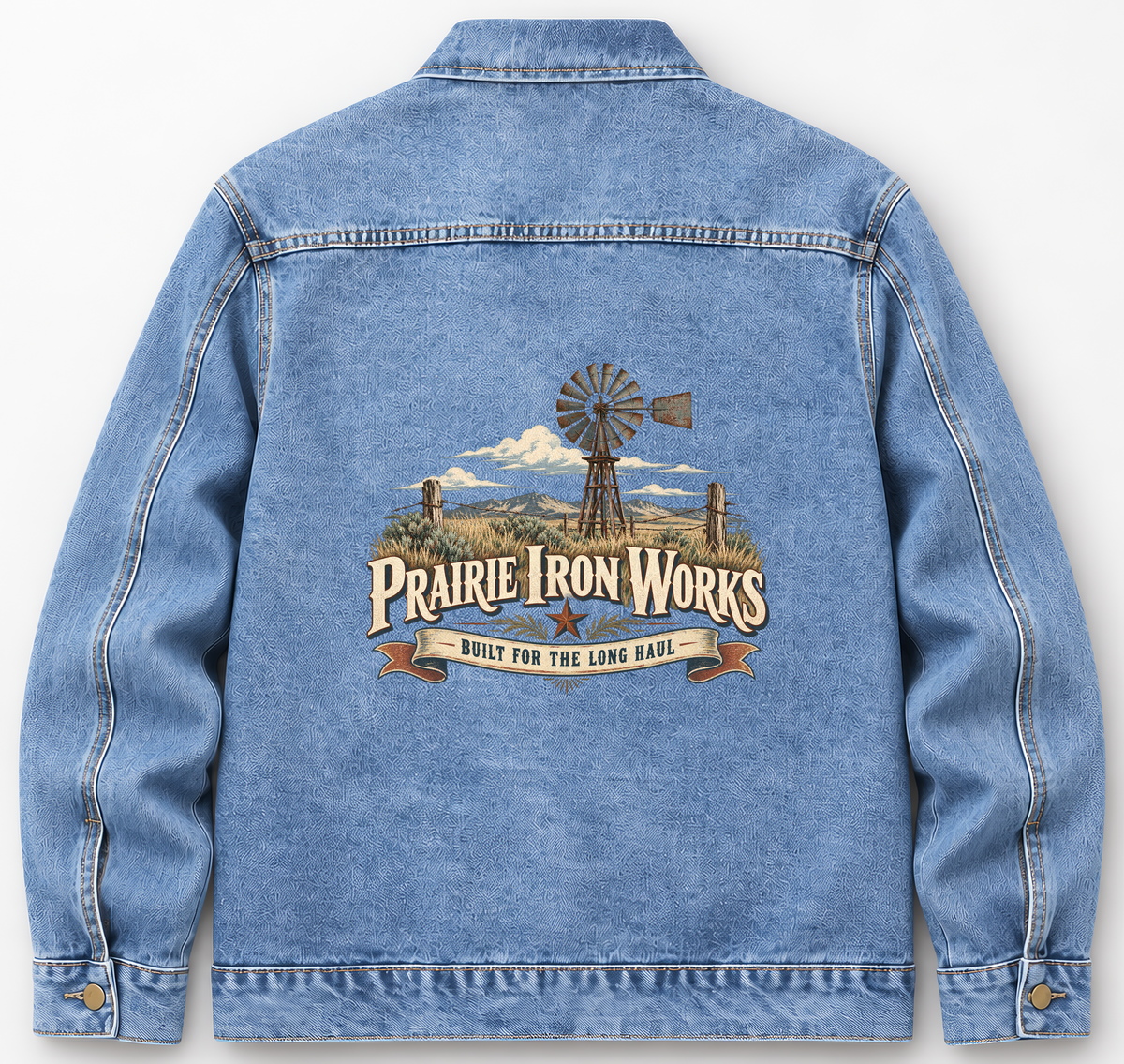 Back of Medium Denim Wash vintage denim jacket with Prairie Iron Works Built For The Long Haul printed design