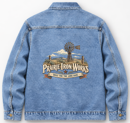 Back of Medium Denim Wash vintage denim jacket with Prairie Iron Works Built For The Long Haul printed design