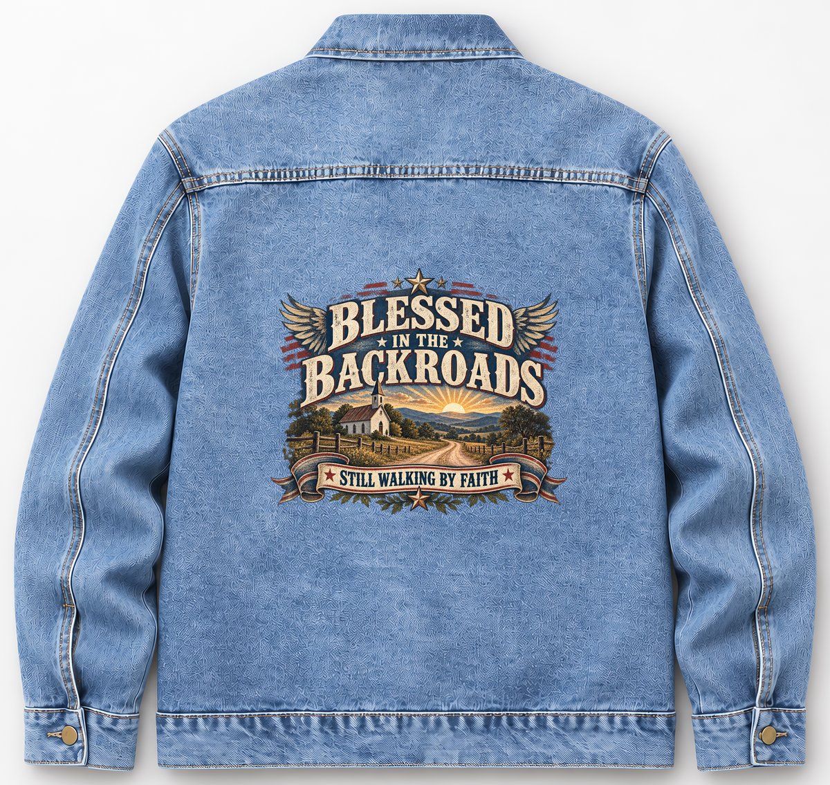Back of Medium Denim Wash vintage denim jacket with Blessed In The Backroads Still Walking By Faith printed design