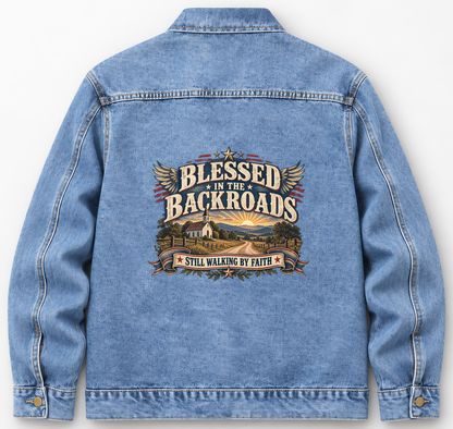 Back of Medium Denim Wash vintage denim jacket with Blessed In The Backroads Still Walking By Faith printed design