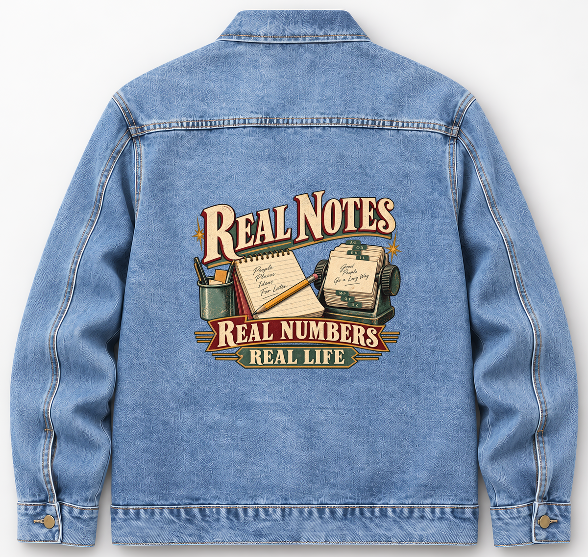 Back of Medium Denim Wash vintage denim jacket with Real Notes. Real Numbers. Real Life printed design