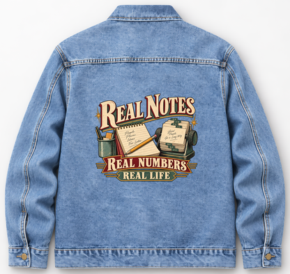 Back of Medium Denim Wash vintage denim jacket with Real Notes. Real Numbers. Real Life printed design