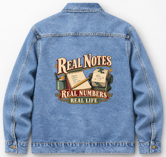 Back of Medium Denim Wash vintage denim jacket with Real Notes. Real Numbers. Real Life printed design