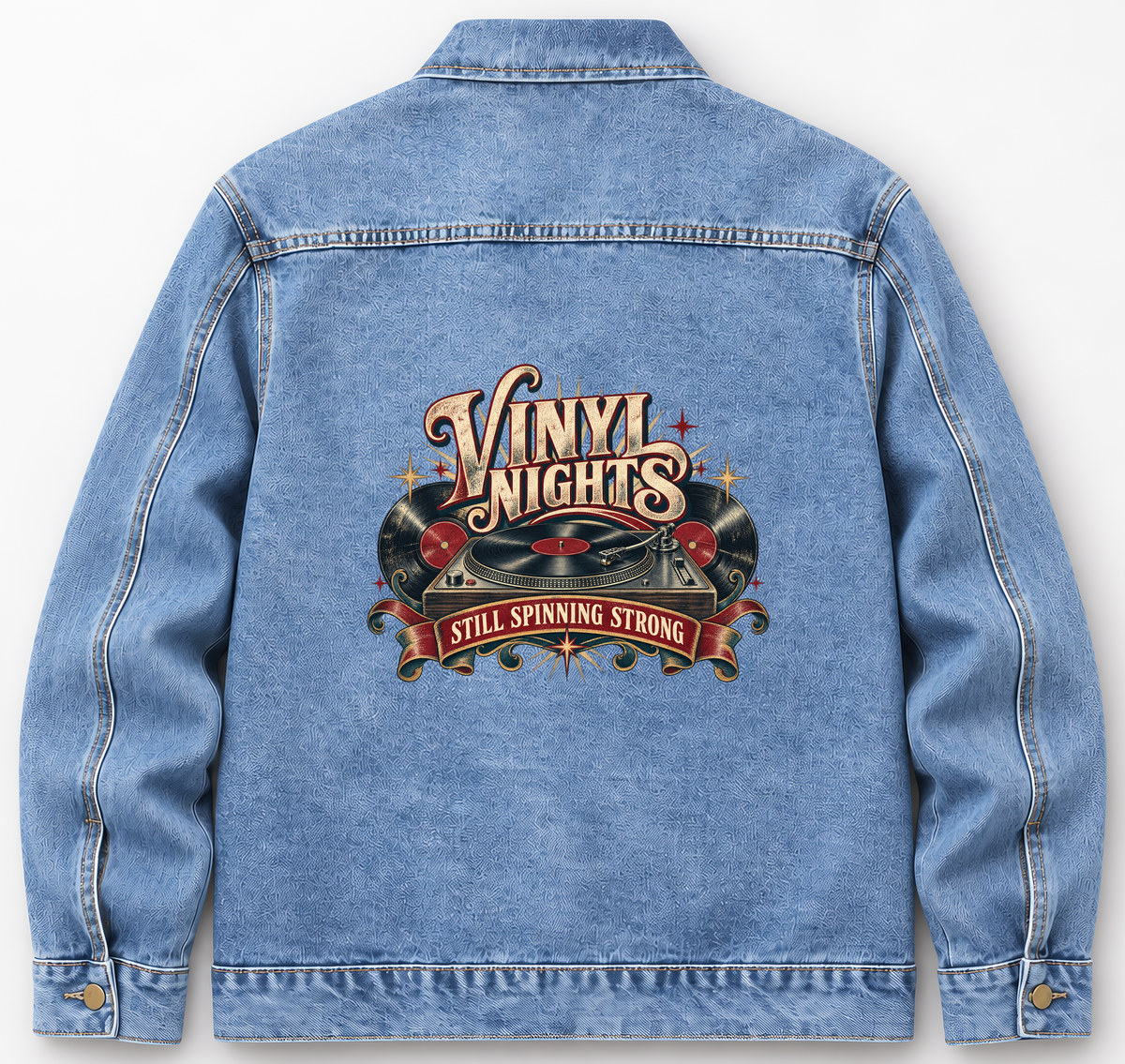 Back of Medium Denim Wash vintage denim jacket with Vinyl Nights Still Spinning Strong printed design