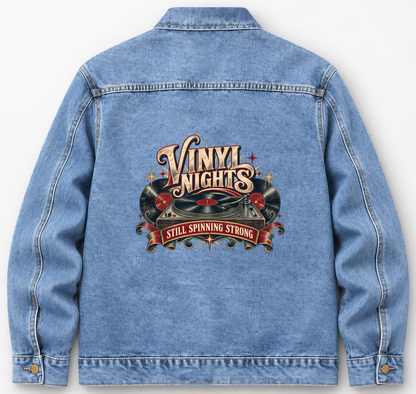 Back of Medium Denim Wash vintage denim jacket with Vinyl Nights Still Spinning Strong printed design