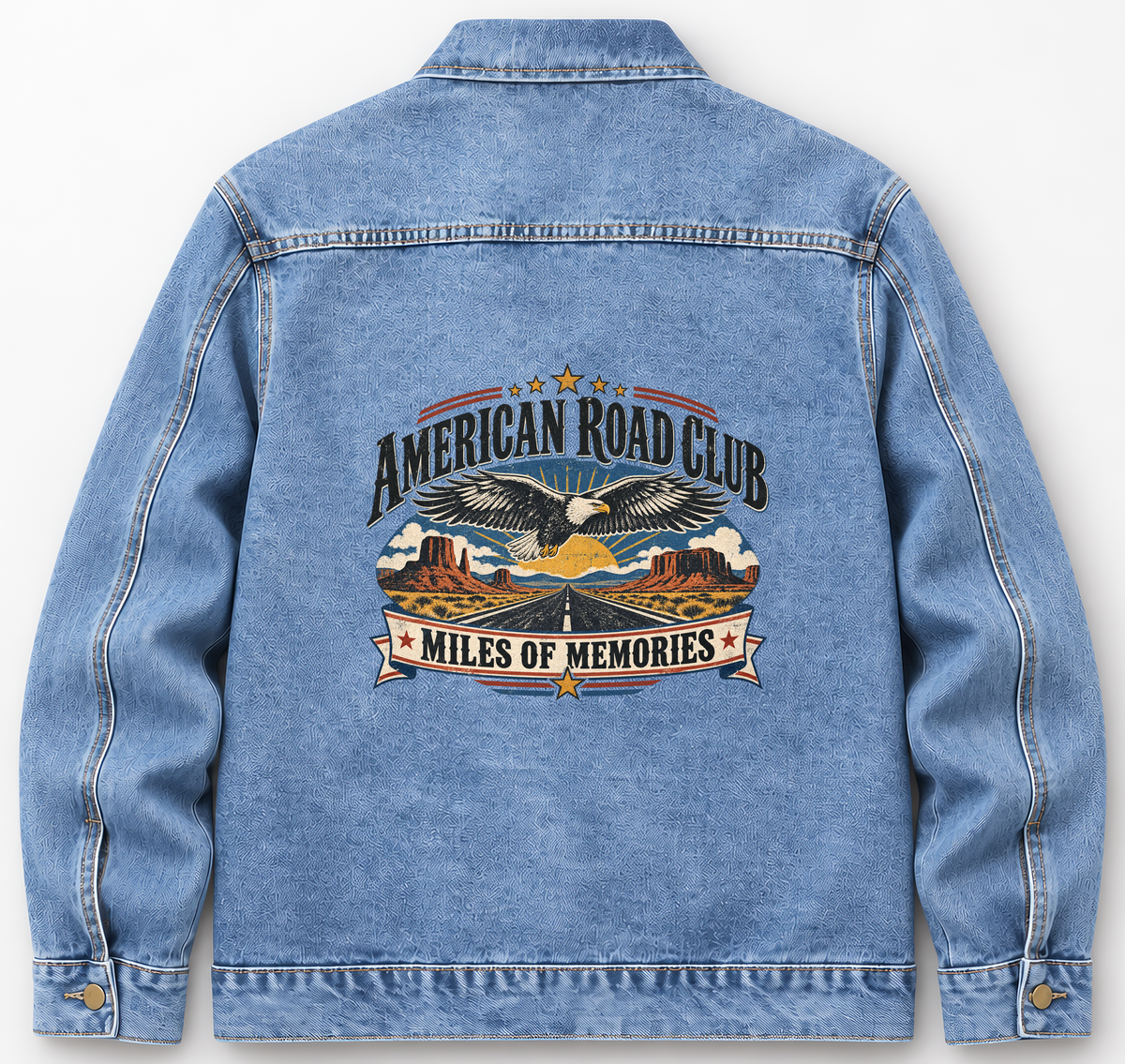 Back of Medium Denim Wash vintage denim jacket with American Road Club. Miles Of Memories printed design