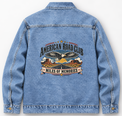 Back of Medium Denim Wash vintage denim jacket with American Road Club. Miles Of Memories printed design