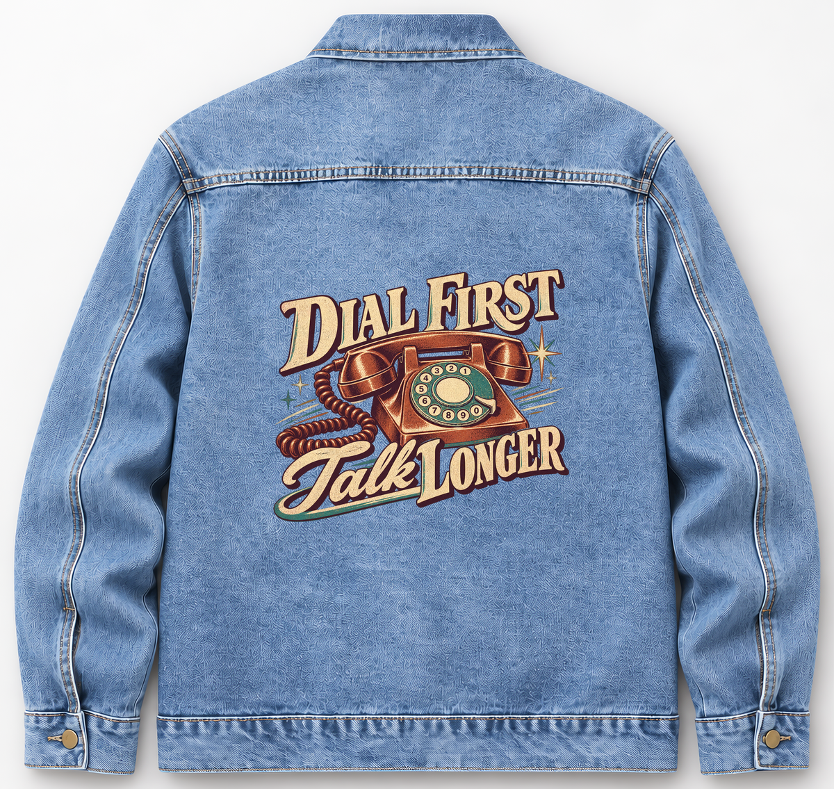 Back of Medium Denim Wash vintage denim jacket with Dial First. Talk Longer printed design