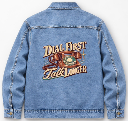 Back of Medium Denim Wash vintage denim jacket with Dial First. Talk Longer printed design