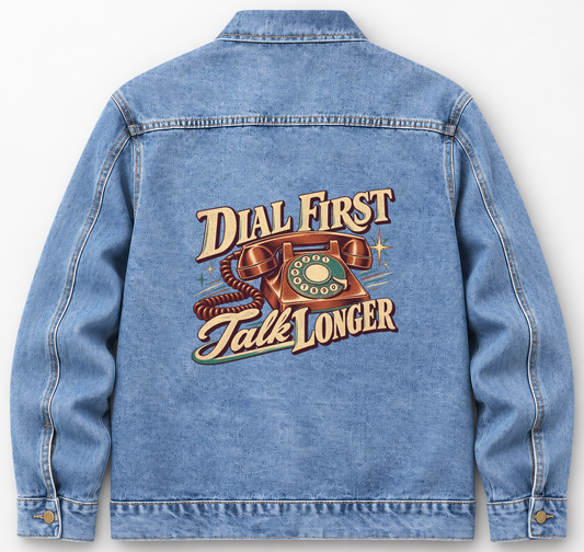 Back of Medium Denim Wash vintage denim jacket with Dial First. Talk Longer printed design