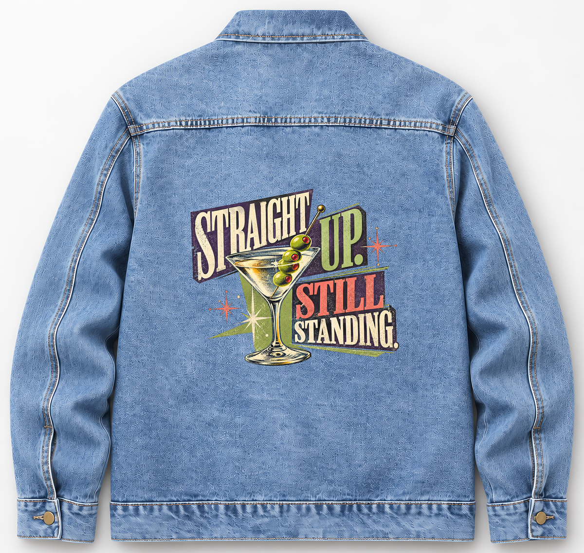 Back of Medium Denim Wash vintage denim jacket with Straight Up. Still Standing printed design