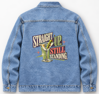 Back of Medium Denim Wash vintage denim jacket with Straight Up. Still Standing printed design