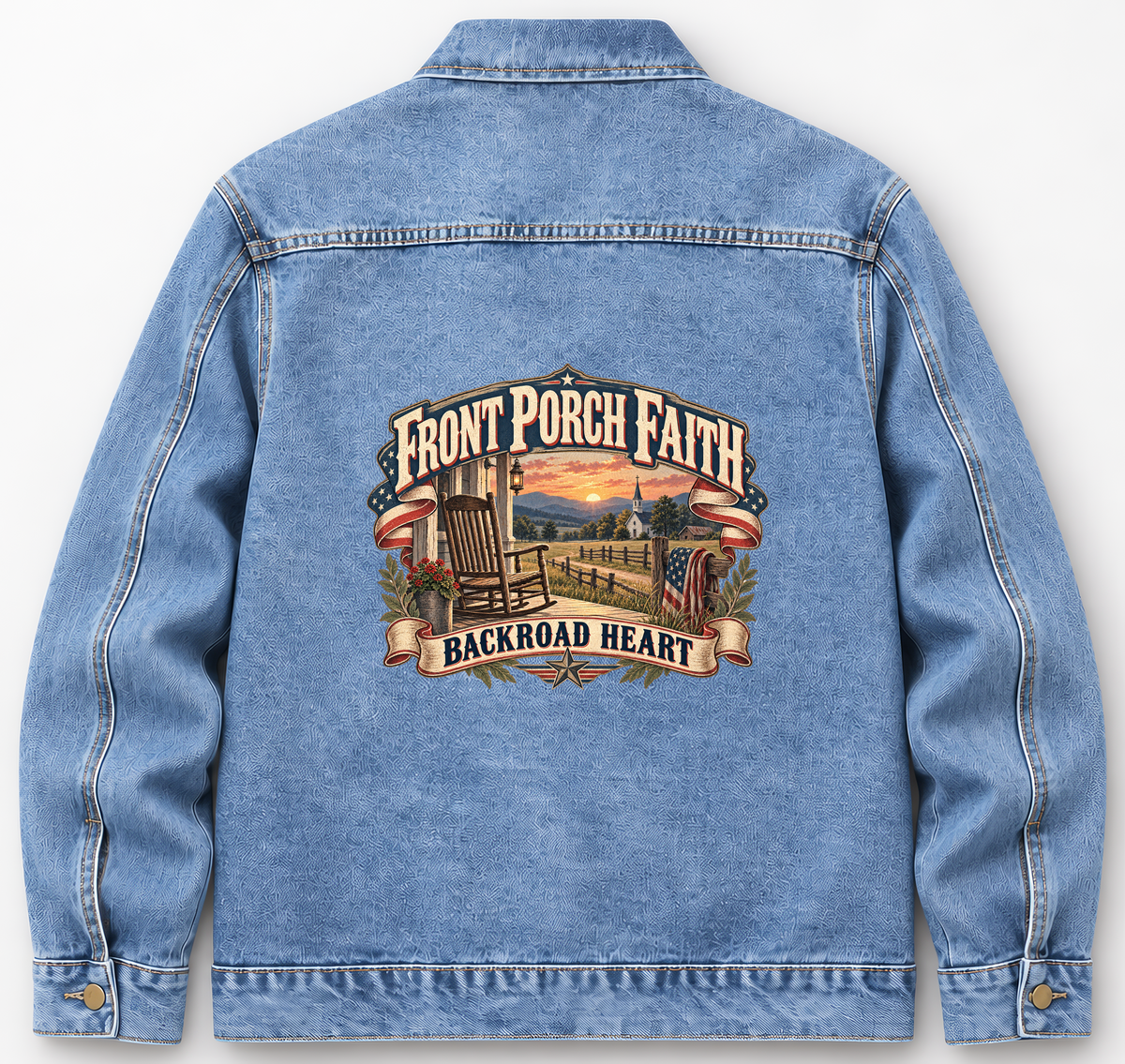 Back of Medium Denim Wash vintage denim jacket with Front Porch Faith. Backroad Heart printed design