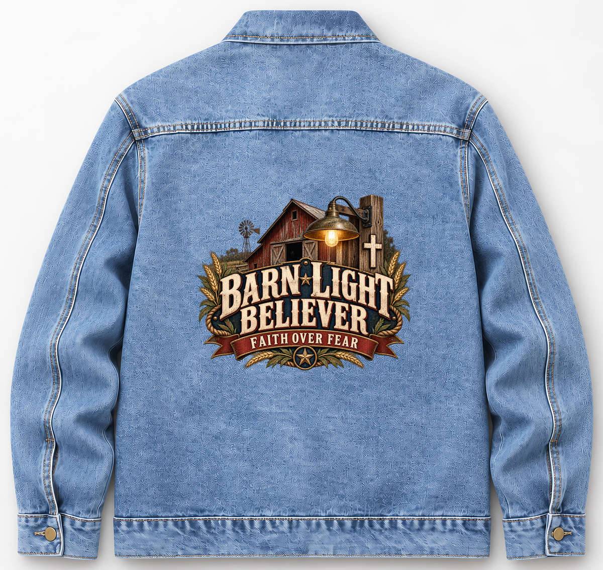 Back of Medium Denim Wash vintage denim jacket with Barn Light Believer. Faith Over Fear printed design