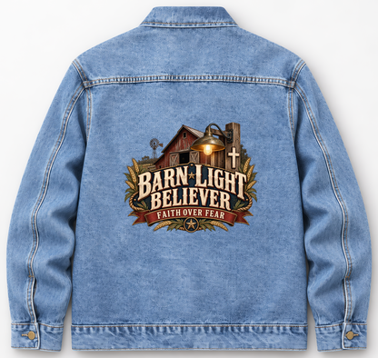 Back of Medium Denim Wash vintage denim jacket with Barn Light Believer. Faith Over Fear printed design