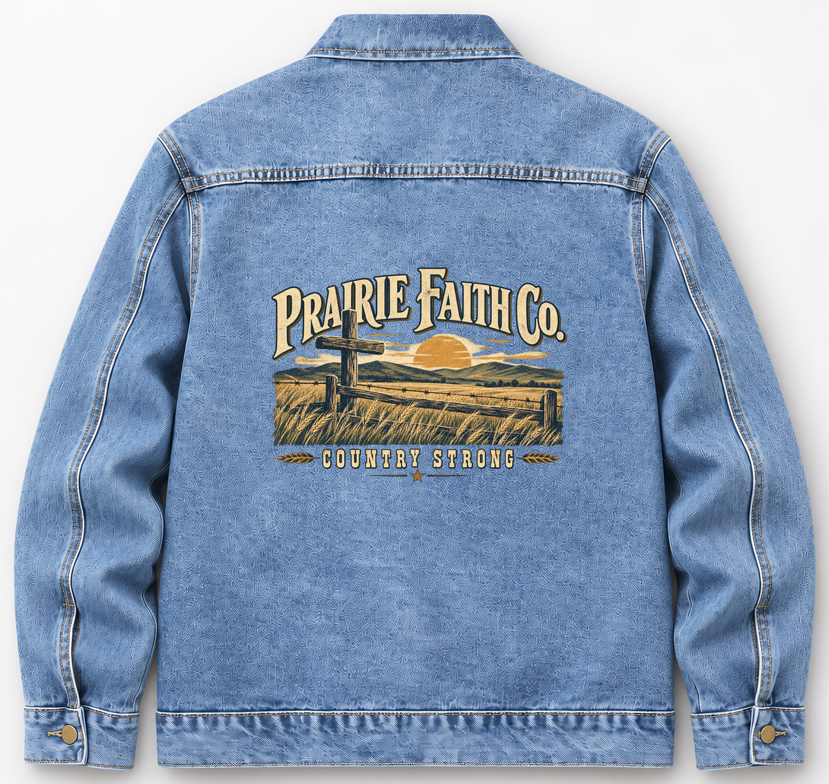 Back of Medium Denim Wash vintage denim jacket with Prairie Faith Co. Country Strong printed design
