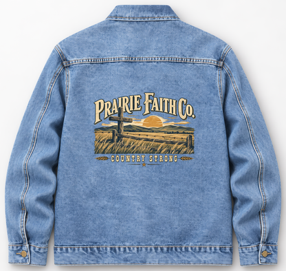 Back of Medium Denim Wash vintage denim jacket with Prairie Faith Co. Country Strong printed design