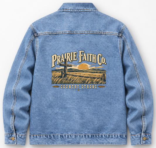 Back of Medium Denim Wash vintage denim jacket with Prairie Faith Co. Country Strong printed design