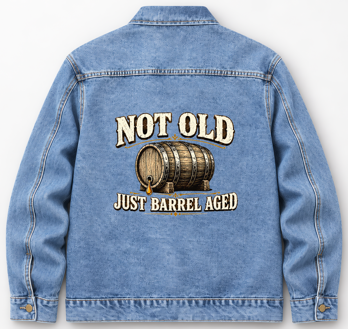 Back of Medium Denim Wash vintage denim jacket with Not Old. Just Barrel Aged printed design