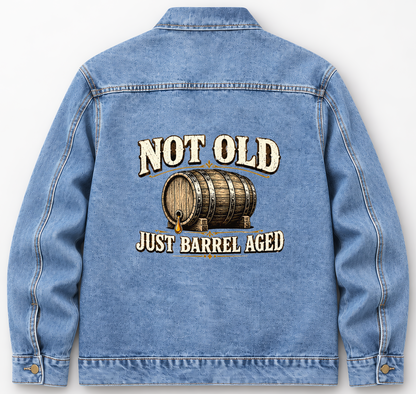 Back of Medium Denim Wash vintage denim jacket with Not Old. Just Barrel Aged printed design
