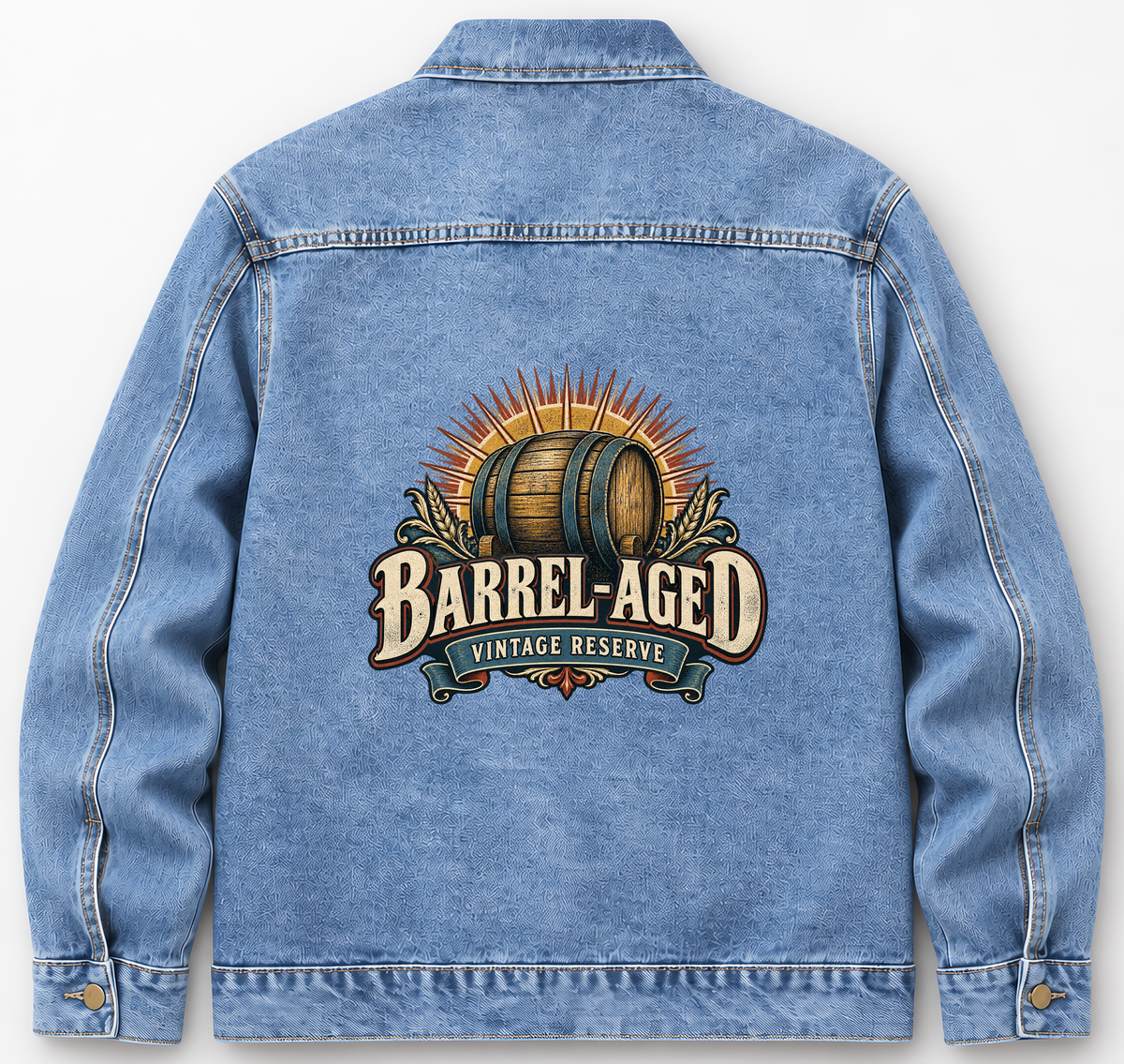 Back of Medium Denim Wash vintage denim jacket with Barrel-Aged Vintage Reserve printed design