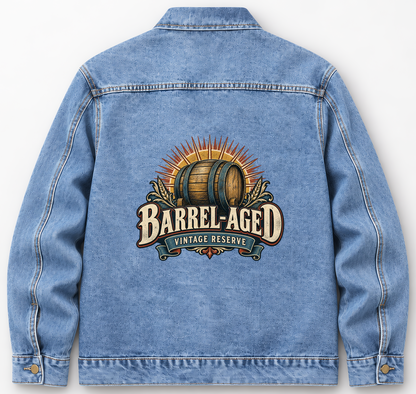 Back of Medium Denim Wash vintage denim jacket with Barrel-Aged Vintage Reserve printed design