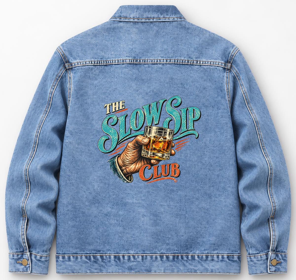Back of Medium Denim Wash vintage denim jacket with The Slow Sip Club printed design